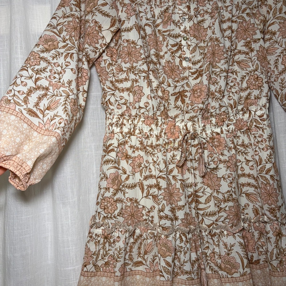Lovestitch Dress Womens Medium Cream Floral Boho Off Shoulder Smocked Mini Lurex - Picture 4 of 7